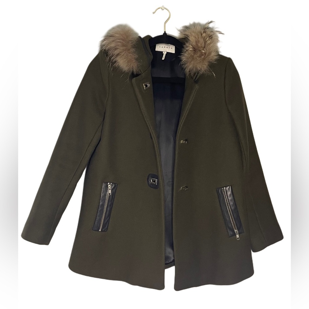 Sandro Wool Coat with Fur-Trimmed Hood - Size EU 36
